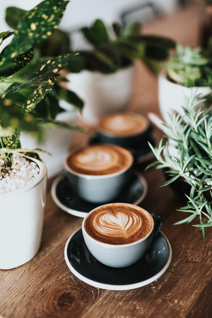 A hand-poured latte with leaf art in a ceramic cup
